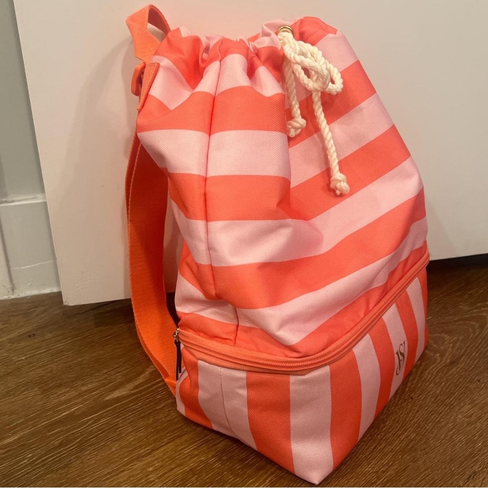 Victoria's Secret Coral and Light Pink Striped Drawstring Backpack